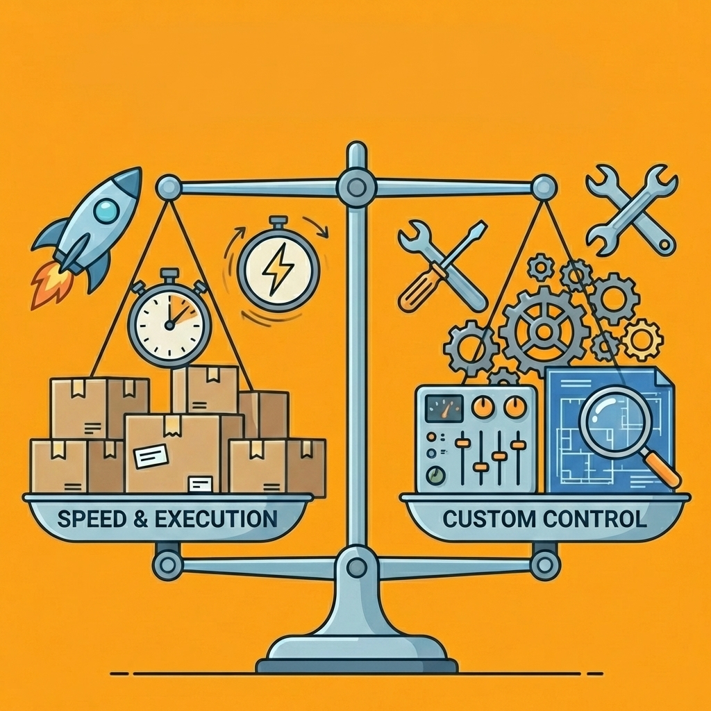 Balance scale comparing speed and execution on one side with custom control on the other